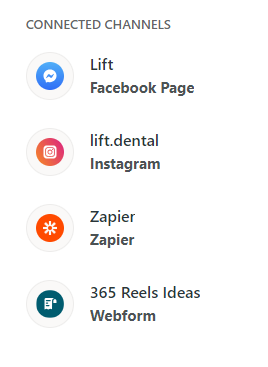 a screenshot of the different channels connected in EnquiryBox lead management software - Zapier, Facebook and Instagram.